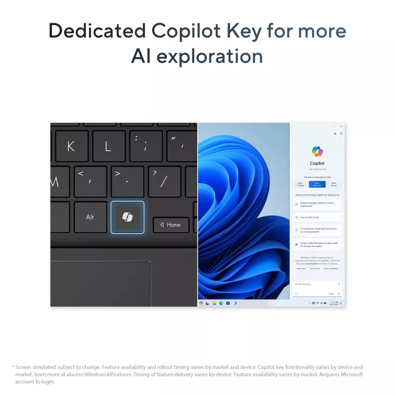 Keyboard with a dedicated Copilot key and a screenshot of AI exploration software on a screen.