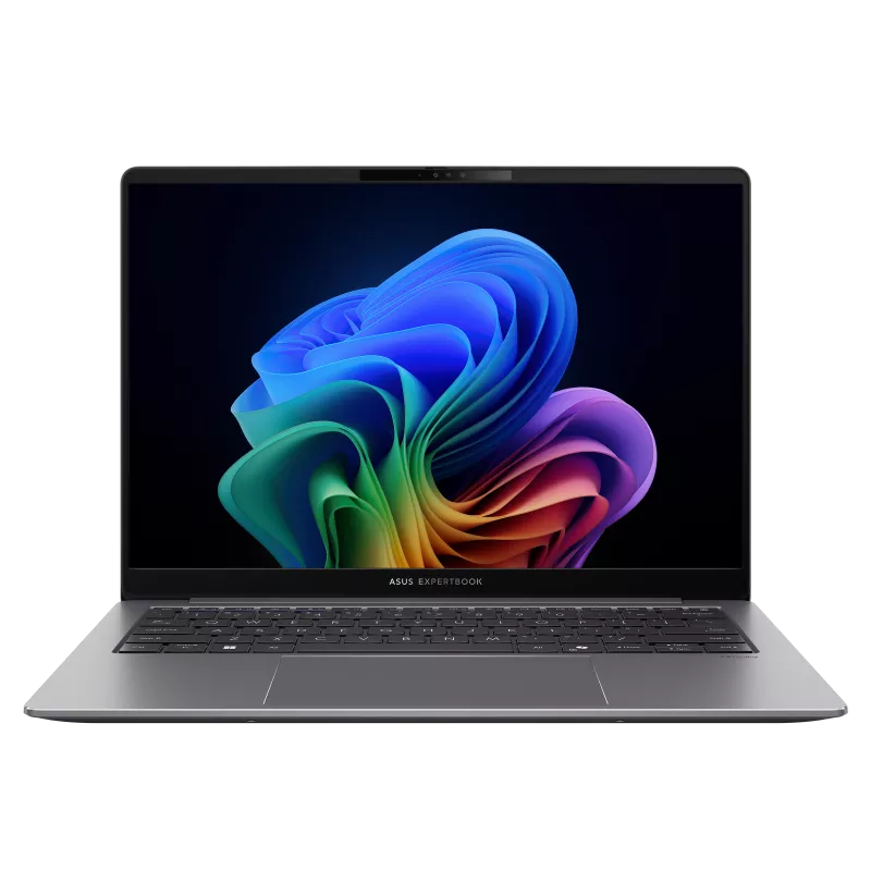Laptop with colorful abstract design on the screen on a white background