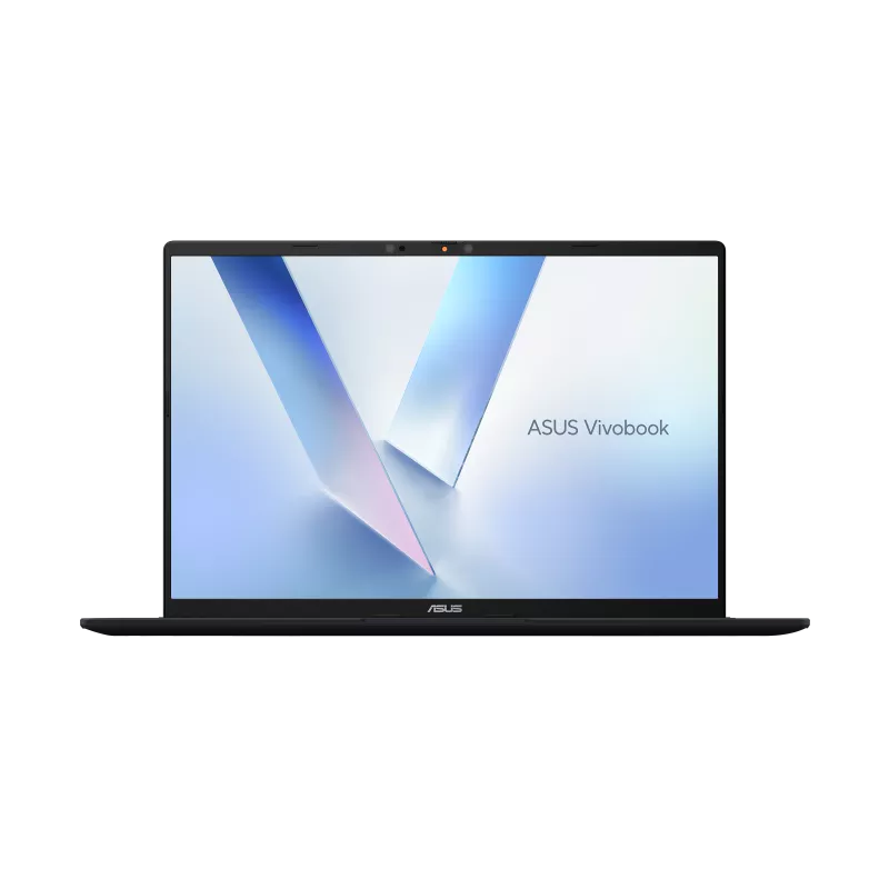 An ASUS Vivobook laptop shown open and centered on a plain white background, with the screen on and displaying the ASUS Vivobook branding.