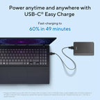 A laptop connected to a black USB-C power adapter on a light blue background, with promotional text reading 'Power anytime and anywhere with USB-C Easy Charge' and 'Fast-charging to 60% in 49 minutes.'.