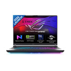 A ROG Strix gaming laptop shown open on a plain white background, with a blue and purple screen graphic and RGB lighting along the keyboard and base. Visible branding includes ROG/Strix on the screen and ASUS on the palm rest.
