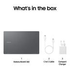 Samsung Galaxy Book5 360 laptop with C to C cable and compact charger on a white background