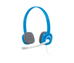 A blue over-ear headset with gray ear cushions and a white boom microphone, shown on a plain white background.