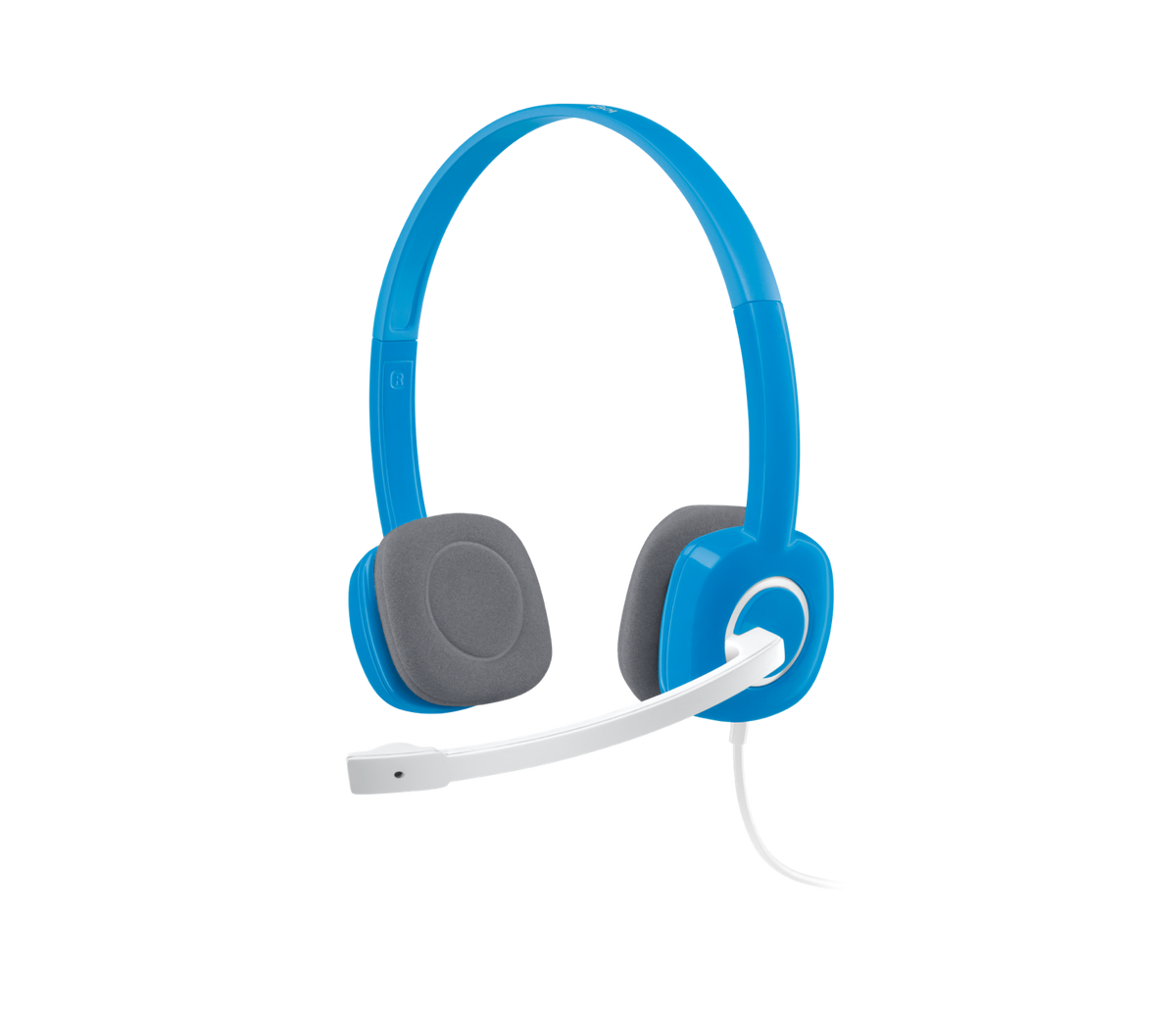 A blue over-ear headset with gray ear cushions and a white boom microphone, shown on a plain white background.