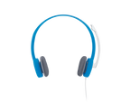 Blue over-ear headset with gray ear cushions and a white adjustable microphone arm, shown on a plain white background.