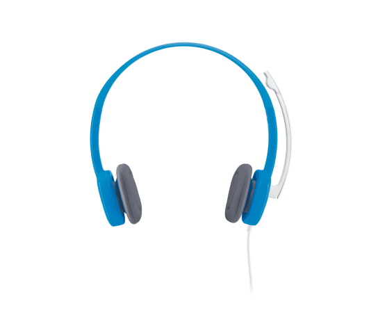 Blue over-ear headset with gray ear cushions and a white adjustable microphone arm, shown on a plain white background.