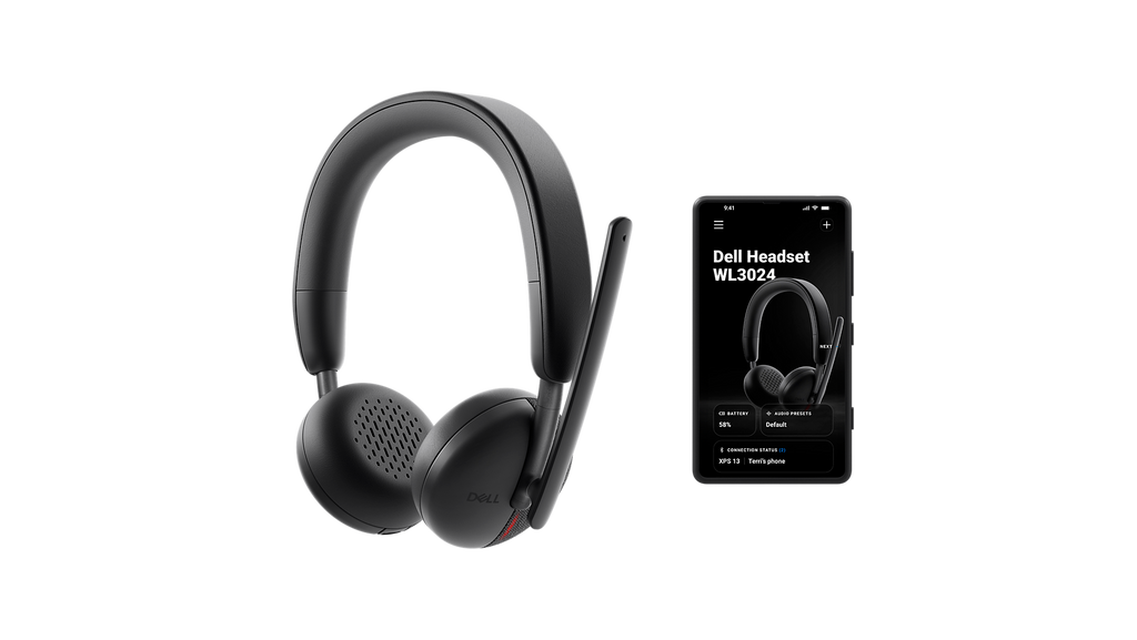 Dell WL3024 Wireless Leatherette Headband AI-Based Noise Cancellation Headset with Microphone - Black