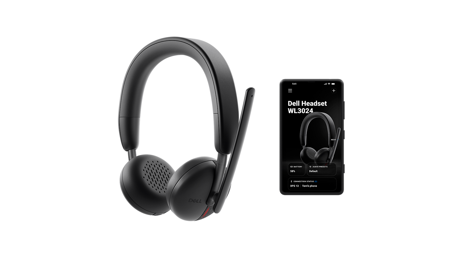 Dell WL3024 Wireless Leatherette Headband AI-Based Noise Cancellation Headset with Microphone - Black