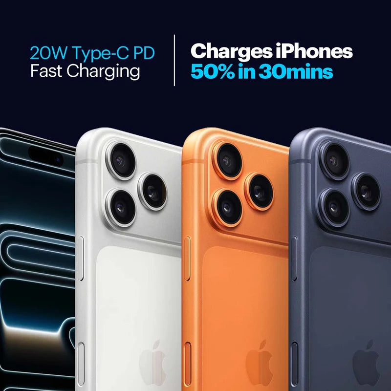 Four Apple iPhone back views in different colors (black, white, orange, and dark blue) lined up, with promotional text on a dark blue background reading '20W Type-C PD Fast Charging' and 'Charges iPhones 50% in 30mins'.