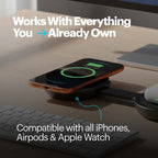 Smartphone on a wireless charging pad with text about compatibility with Apple devices.