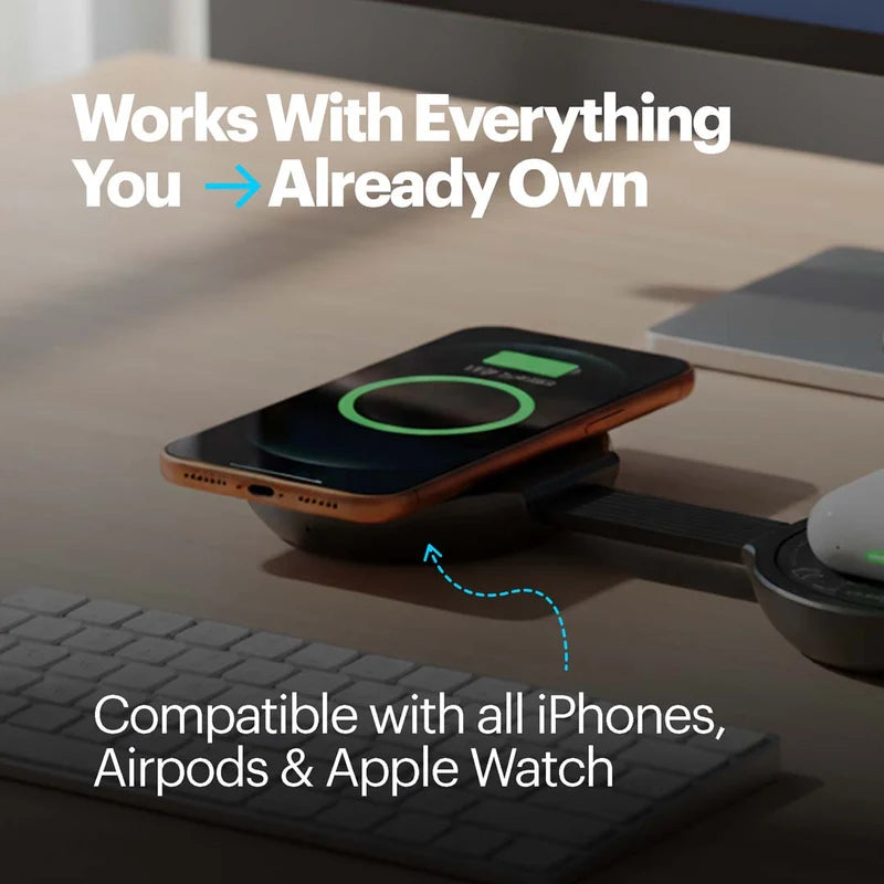 Smartphone on a wireless charging pad with text about compatibility with Apple devices.