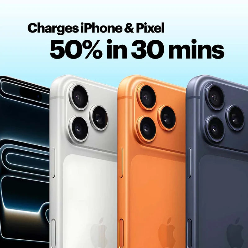 Promotional graphic showing four smartphone back views in black, white, orange, and dark blue-gray, with text reading 'Charges iPhone & Pixel 50% in 30 mins'.