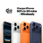 Four smartphones in different colors with a charging feature advertisement on a white background.