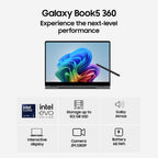 Promotional graphic for a Galaxy Book5 360 laptop on a light gray background, showing the open screen with a colorful wallpaper, a stylus, and feature callouts including Intel Core Ultra, 512 GB SSD storage, Dolby Atmos, interactive display, 2M 1080P camera, and 66Wh battery.