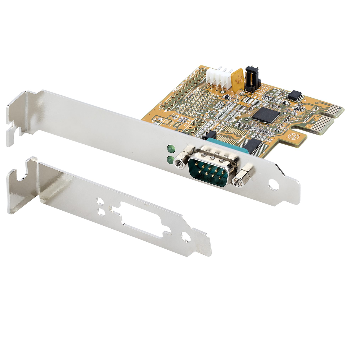 StarTech 11050-PC-SERIAL-CARD RS232 PCIe Serial Card shown from a side angle highlighting the DB9 connector