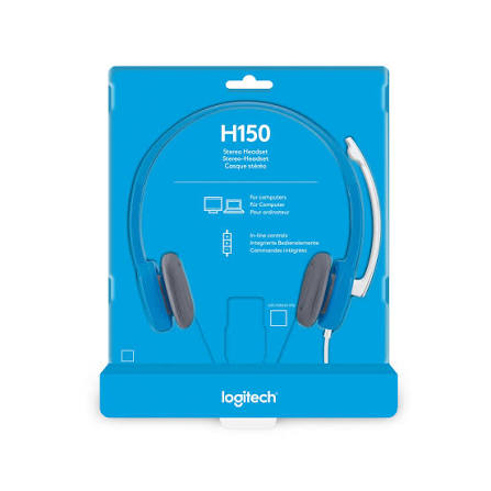 Logitech H150 Stereo Headset in its original blue retail packaging, featuring gray earcups and a white boom microphone.