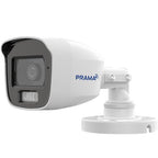 A white PRAMA bullet security camera with a black protective lens cover and a white mounting bracket, shown against a plain white background.