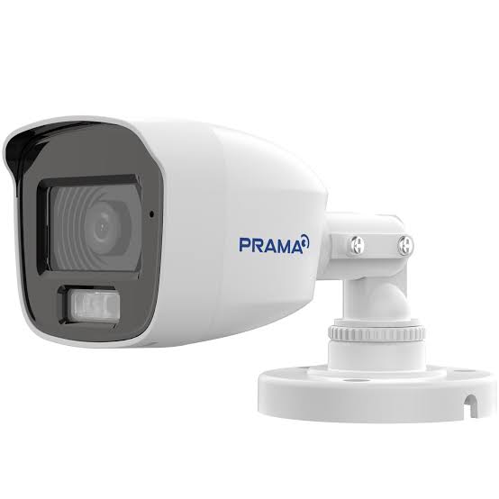 A white PRAMA bullet security camera with a black protective lens cover and a white mounting bracket, shown against a plain white background.
