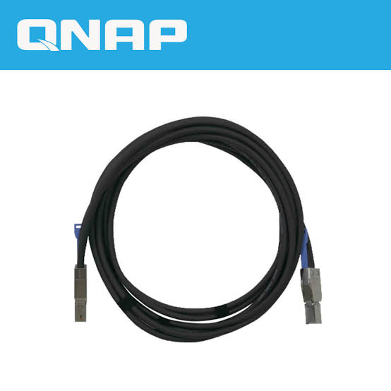 A coiled black Ethernet cable with gray RJ45 connectors and blue internal wiring, shown against a white background with a blue QNAP logo banner at the top.