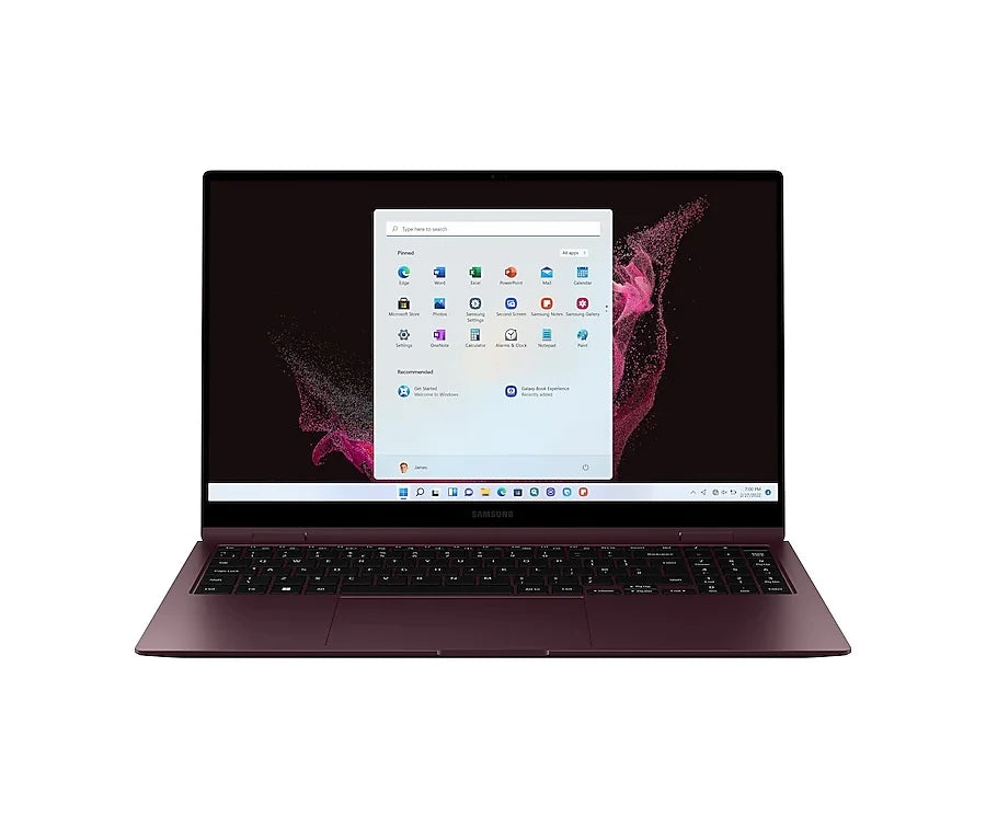 A dark plum-colored laptop shown open and centered on a plain white background, with the screen turned on and displaying a Windows desktop.