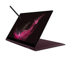A dark plum-colored ASUS laptop shown open at an angle with a stylus resting on its screen, set against a solid white background.