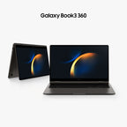 Samsung Galaxy Book3 360 laptop shown open and closed in a folded tablet position on a light gray background, with the model name printed above.
