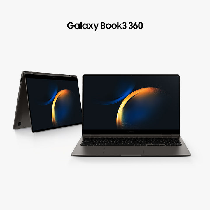 Samsung Galaxy Book3 360 laptop shown open and closed in a folded tablet position on a light gray background, with the model name printed above.
