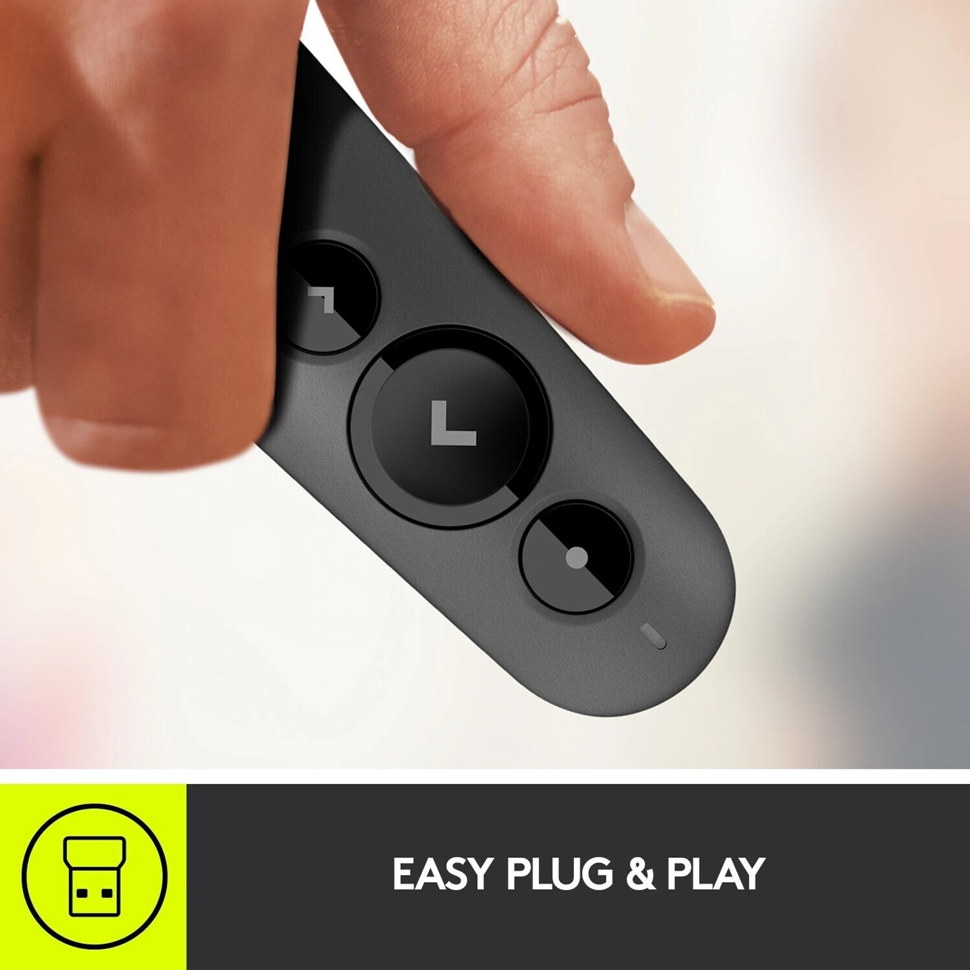 Hand holding a black electronic device with 'Easy Plug & Play' text and icon on a blurred background