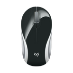 Black and silver Logitech wireless mouse on a white background