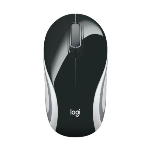 Black and silver Logitech wireless mouse on a white background
