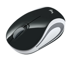 Logitech wireless computer mouse in glossy black and white with a silver scroll wheel, shown on a solid white background.