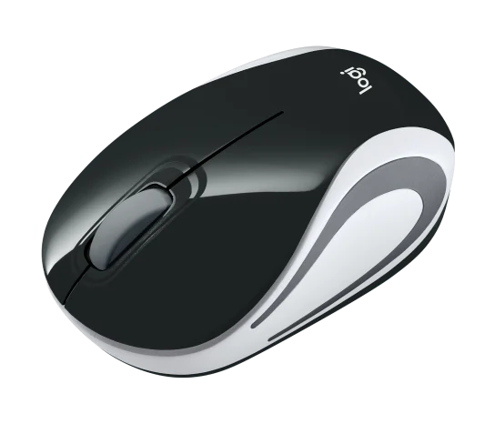 Logitech wireless computer mouse in glossy black and white with a silver scroll wheel, shown on a solid white background.