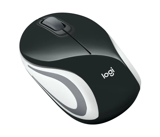 A Logitech wireless computer mouse in black and white with a gray accent, shown on a solid white background.