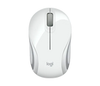 A white Logitech wireless computer mouse with a glossy finish, featuring a vertical center line, scroll wheel, and the Logitech logo near the bottom.