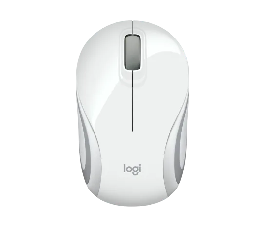 A white Logitech wireless computer mouse with a glossy finish, featuring a vertical center line, scroll wheel, and the Logitech logo near the bottom.