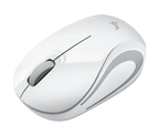 A white Logitech wireless computer mouse with a glossy finish, featuring a gray scroll wheel and subtle gray accents on a clean white background.