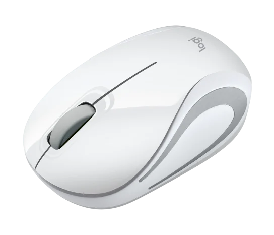 A white Logitech wireless computer mouse with a glossy finish, featuring a gray scroll wheel and subtle gray accents on a clean white background.
