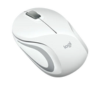 A white Logitech wireless computer mouse with a gray scroll wheel and gray logo, shown on a solid white background.