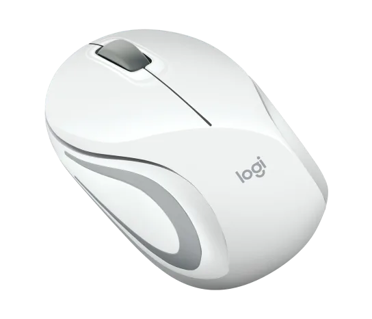 A white Logitech wireless computer mouse with a gray scroll wheel and gray logo, shown on a solid white background.