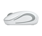 A white wireless computer mouse with a gray scroll wheel and gray curved accent lines on the side, shown from a side profile view against a plain white background.