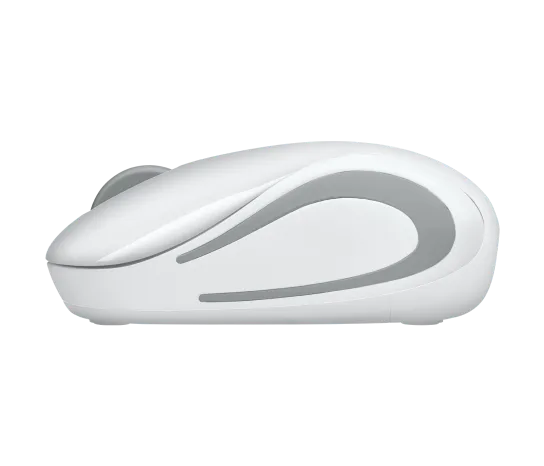 A white wireless computer mouse with a gray scroll wheel and gray curved accent lines on the side, shown from a side profile view against a plain white background.