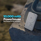 Portable power bank with 10,000 mAh capacity on a rock with a blurred natural background