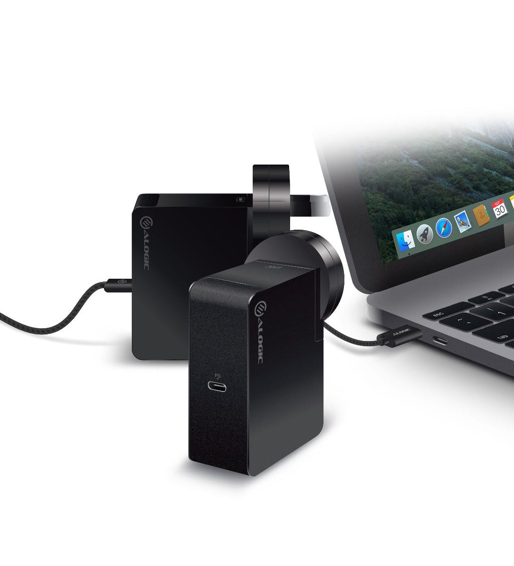 USB-C Laptop/Macbook Wall Charger 60W with Power DeliveryÐ Travel Edition with AU, EU, UK, US Plugs and 2m Cable - Black