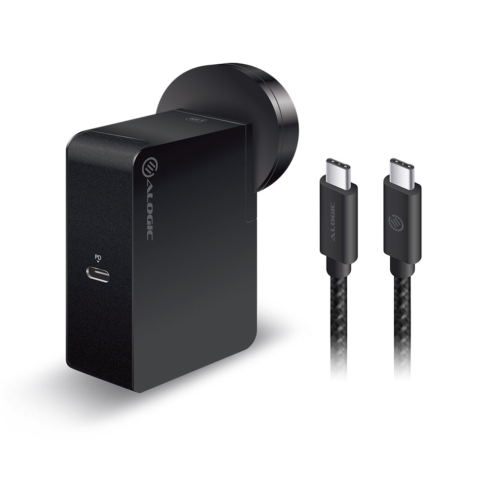 USB-C Laptop/Macbook Wall Charger 60W with Power DeliveryÐ Travel Edition with AU, EU, UK, US Plugs and 2m Cable - Black