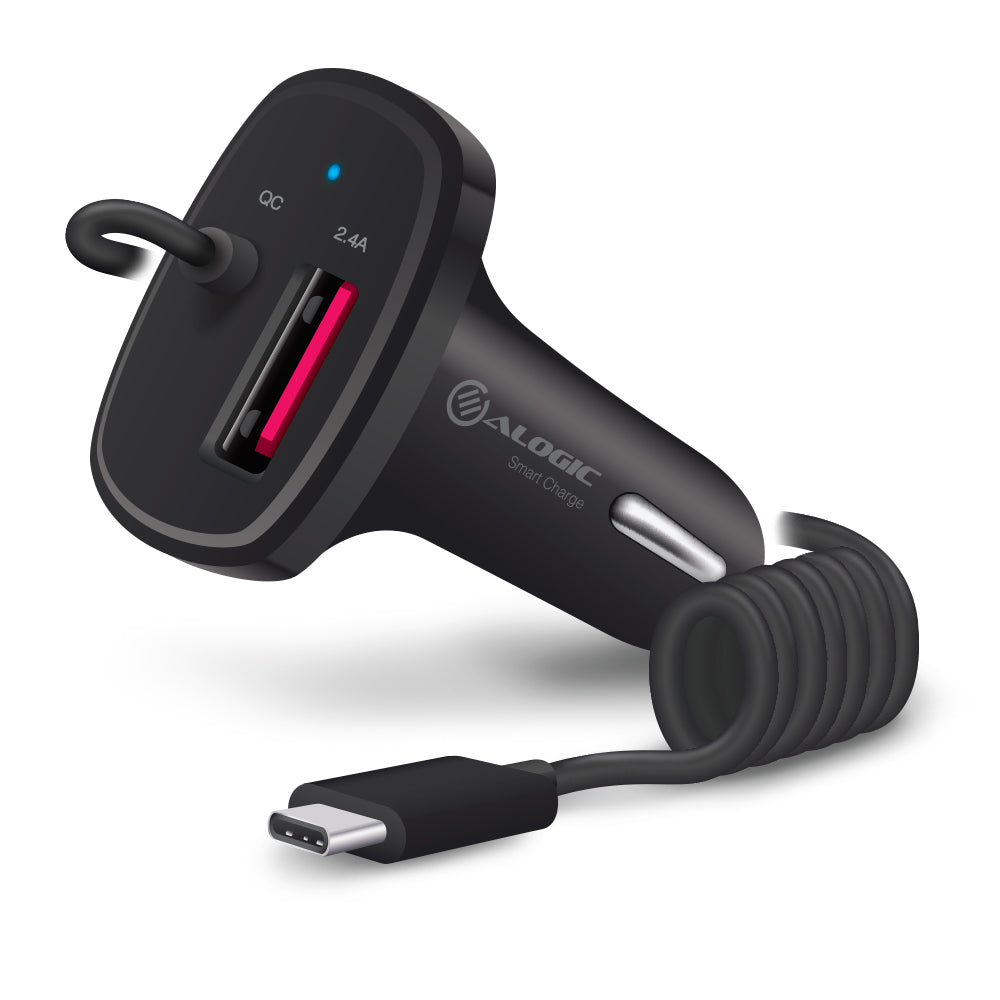 2 Port USB-C & USB-A Car Charger with Integrated Cable