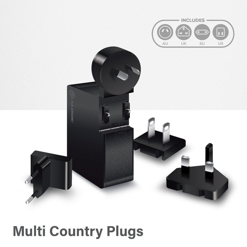 USB-C Laptop/Macbook Wall Charger 60W with Power DeliveryÐ Travel Edition with AU, EU, UK, US Plugs and 2m Cable - Black