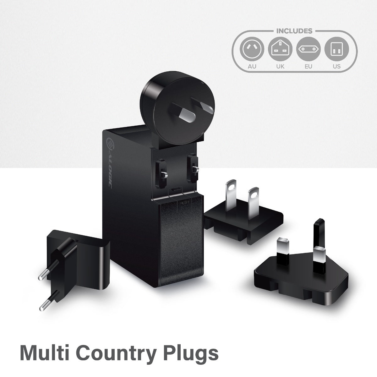 USB-C Laptop/Macbook Wall Charger 60W with Power DeliveryÐ Travel Edition with AU, EU, UK, US Plugs and 2m Cable - Black