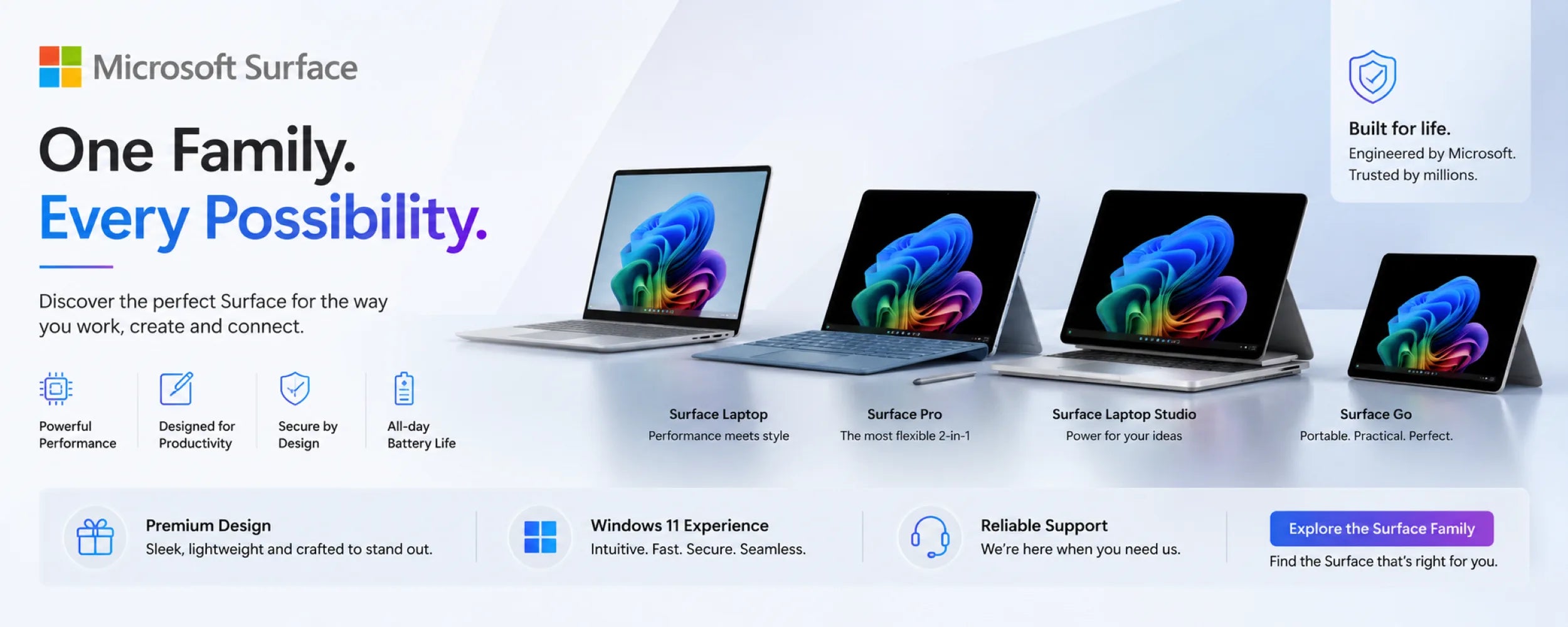 Microsoft Surface advertisement with laptop and tablet devices on a white background
