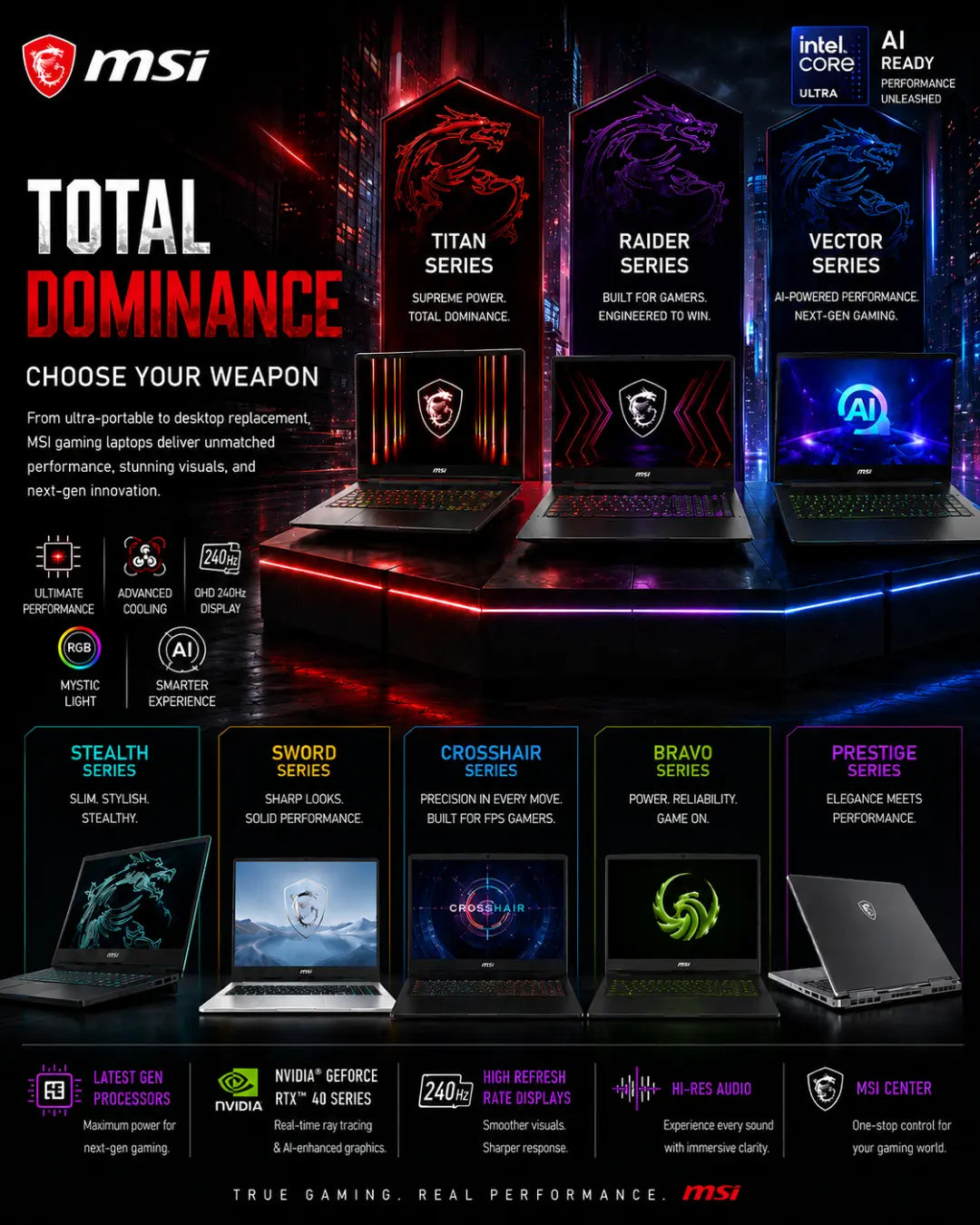MSI Total Dominance promotional graphic for gaming laptops, showing multiple laptop models with illuminated screens and feature callouts including Titan Series, Raider Series, Vector Series, Stealth Series, Sword Series, Crosshair Series, Bravo Series, and Prestige Series.