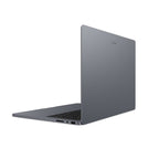 A slim gray Samsung laptop shown open at an angle, displaying its clean exterior design and keyboard against a solid white background.